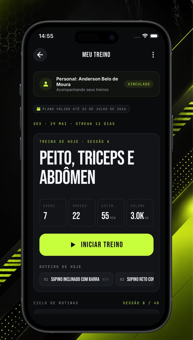 Tela de treino do dia no Desafiei, com exercícios, séries e volume